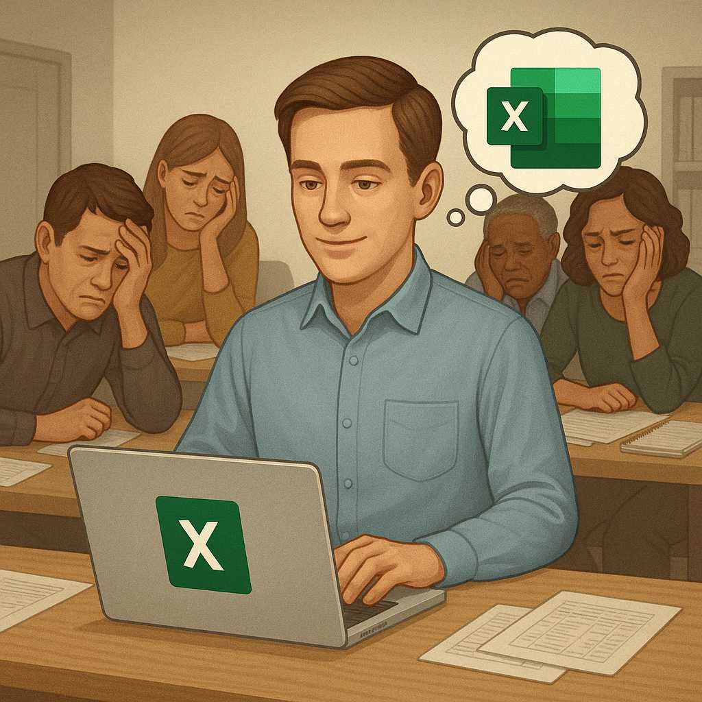 Profesional aprendiendo Excel mientras sus compañeros batallan con hojas de cálculo